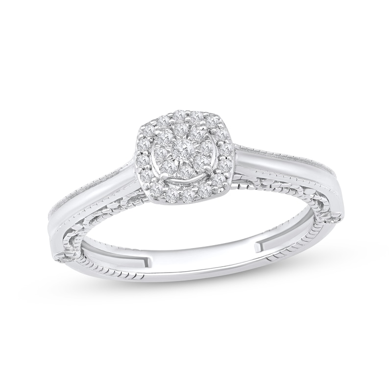 Main Image 1 of Multi-Diamond Cushion-Shaped Halo Promise Ring 1/5 ct tw 10K White Gold