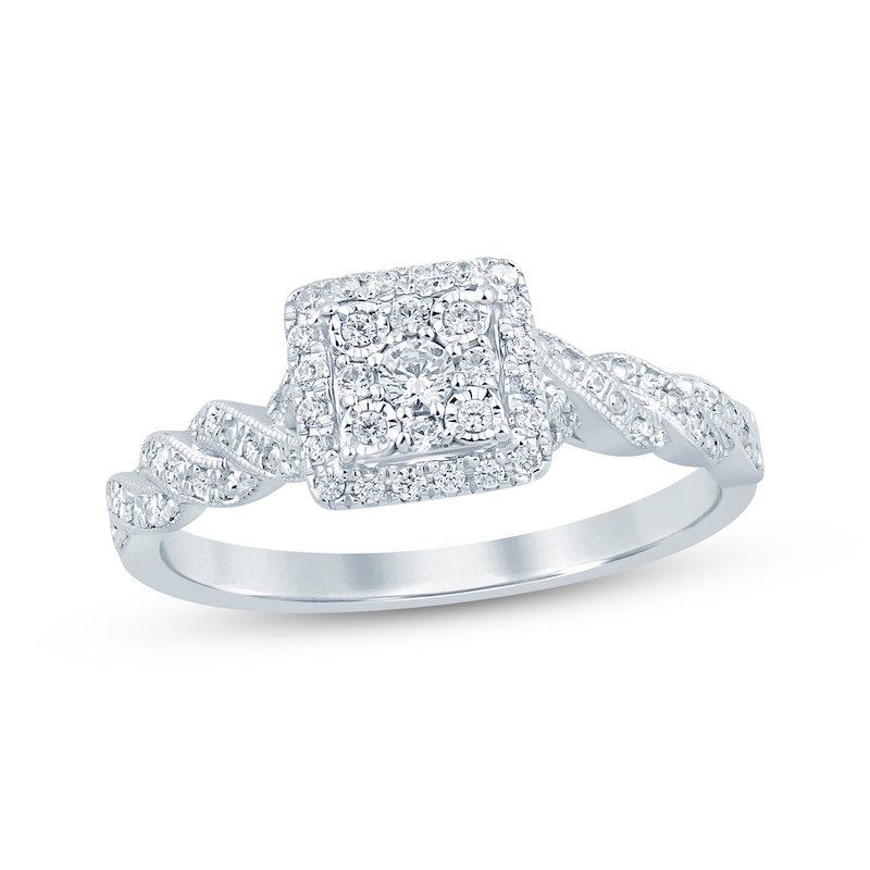 Main Image 1 of Multi-Diamond Cushion Halo Twist Promise Ring 1/5 ct tw 10K White Gold