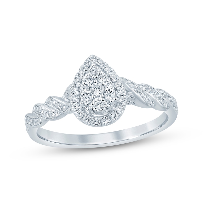 Main Image 1 of Multi-Diamond Pear Halo Twist Promise Ring 1/5 ct tw 10K White Gold