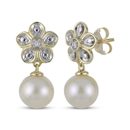 Cultured Pearl & Diamond Accent Flower Drop Earrings 10K Yellow Gold