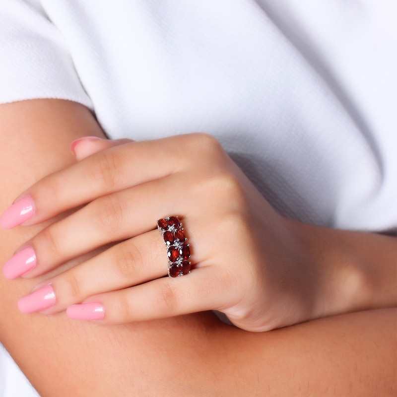 Main Image 3 of Oval-Cut Garnet & White Lab-Created Sapphire Two-Row Ring Sterling Silver