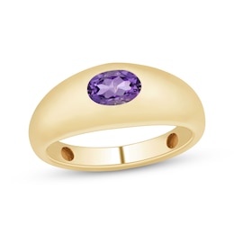 Oval-Cut Amethyst Solitaire Bezel-Set Signet Ring 10K Yellow Gold