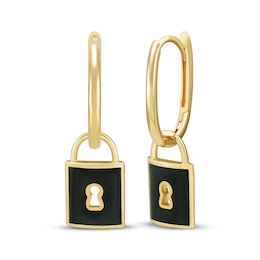 Charmed Memories Enamel Lock Dangle Hoop Earrings 10K Yellow Gold