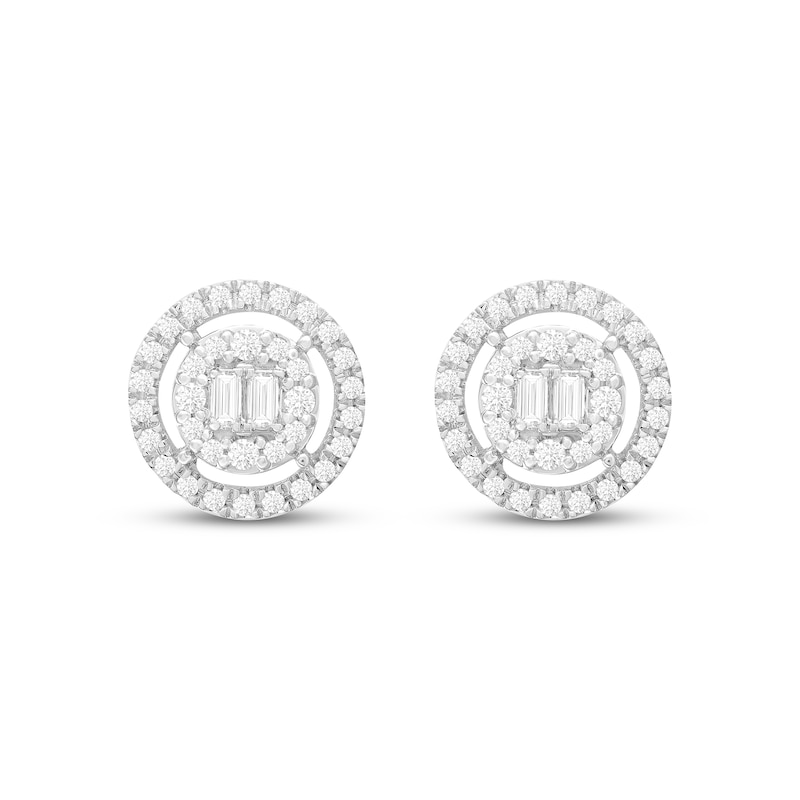 Baguette & Round-Cut Diamond Circle Stud Halo Earrings 1/2 ct tw Sterling Silver