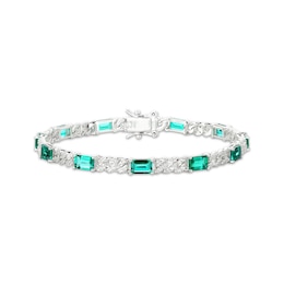 Emerald-Cut Lab-Created Emerald & White Lab-Created Sapphire Bracelet Sterling SIlver 7.25&quot;