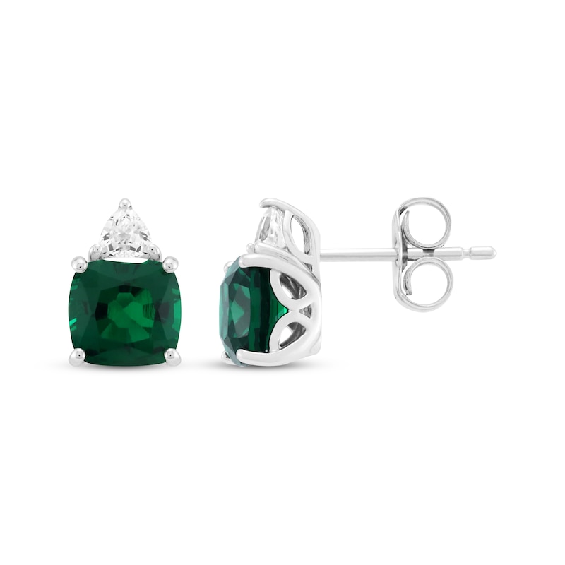 Main Image 3 of Cushion-Cut Lab-Created Emerald & White Lab-Created Sapphire Stud Earrings Sterling Silver