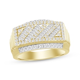 Men's Baguette & Round-Cut Diamond Diagonal Ring 1 ct tw 10K Yellow Gold