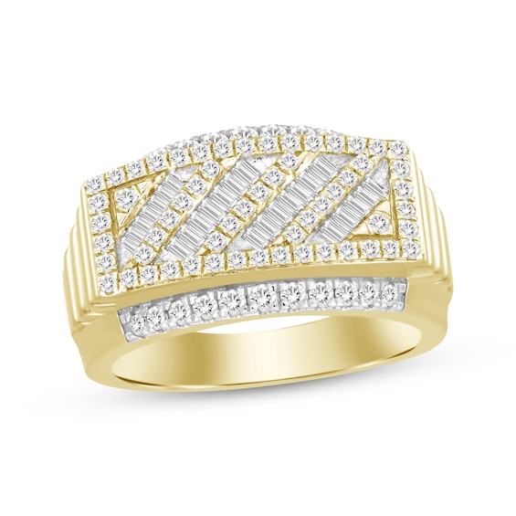 Men's Baguette & Round-Cut Diamond Diagonal Ring 1 ct tw 10K Yellow Gold