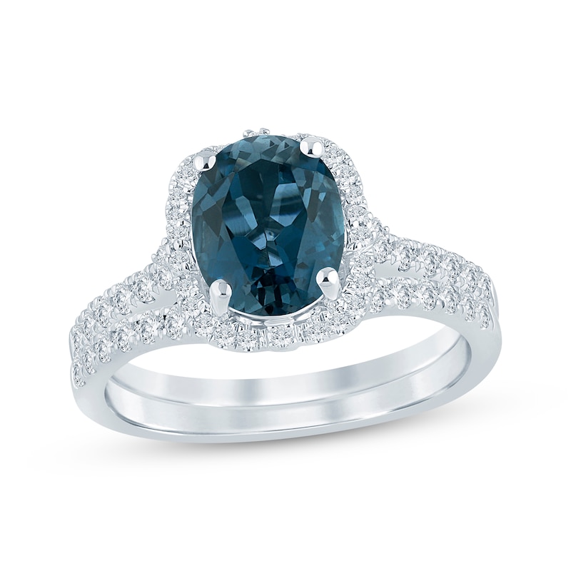 Main Image 1 of Oval-Cut London Blue Topaz & Diamond Bridal Set 1/2 ct tw 14K White Gold