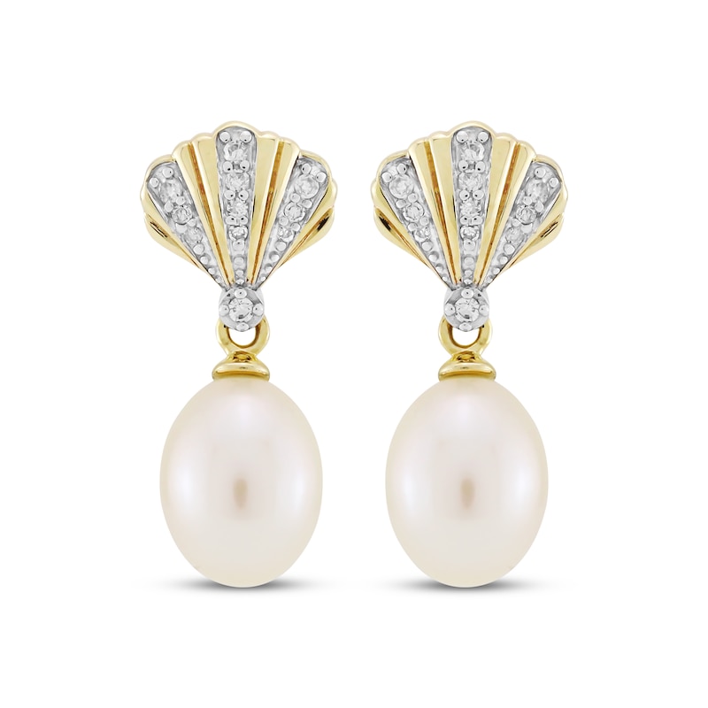 Main Image 2 of Cultured Pearl & Diamond Seashell Drop Earrings 1/10 ct tw 10K Yellow Gold