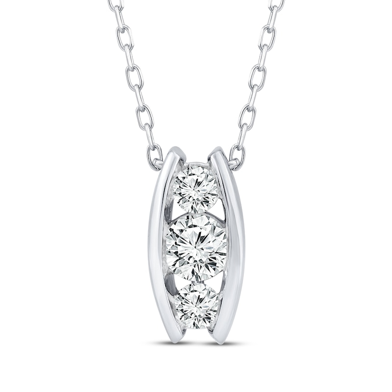 Main Image 1 of Three-Stone Diamond Curved Bar Necklace 1/3 ct tw 10K White Gold 18&quot;