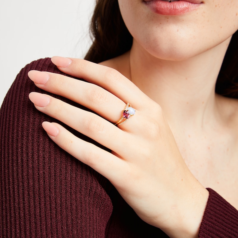 Toi et Moi Oval-Cut Opal & Pear-Shaped Rhodolite Garnet Ring 1/10 ct tw Diamonds 10K Yellow Gold