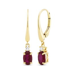 Oval-Cut Lab-Created Ruby & Diamond Dangle Earrings 10K Yellow Gold