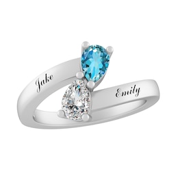 Bypass Pear Birthstone Couple's Ring (2 Stones and Lines)