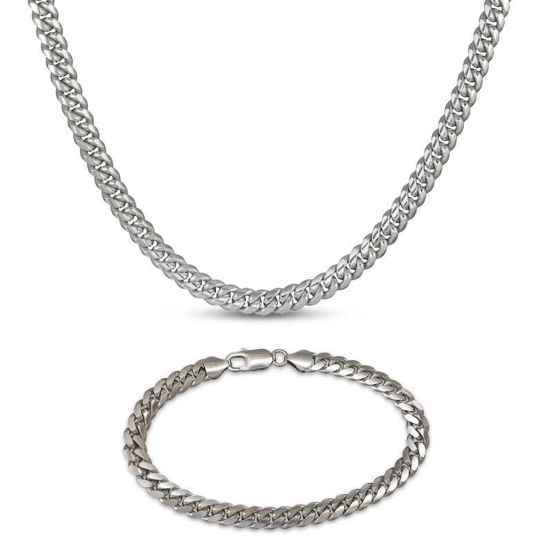 Main Image 1 of Solid Diamond-Cut Curb Cuban Chain Necklace & Bracelet Set 5.3mm Sterling Silver