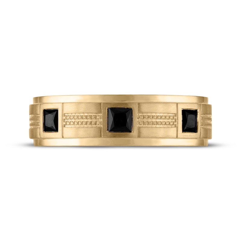 Main Image 3 of Men's Square-Cut Black Diamond Three-Stone Wedding Band 3/4 ct tw 10K Yellow Gold