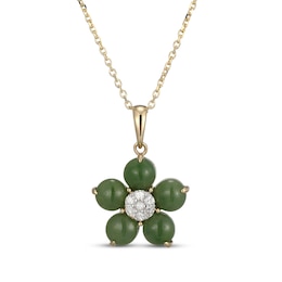 Nephrite Jade & Multi-Diamond Flower Necklace 1/10 ct tw 14K Yellow Gold 18&quot;