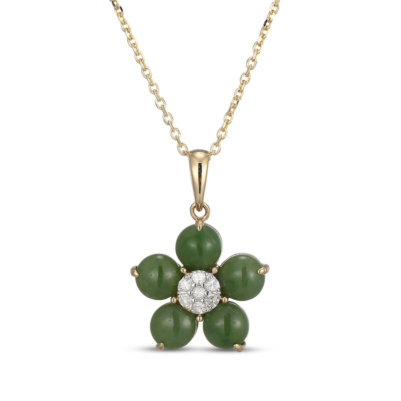 Main Image 1 of Nephrite Jade & Multi-Diamond Flower Necklace 1/10 ct tw 14K Yellow Gold 18&quot;