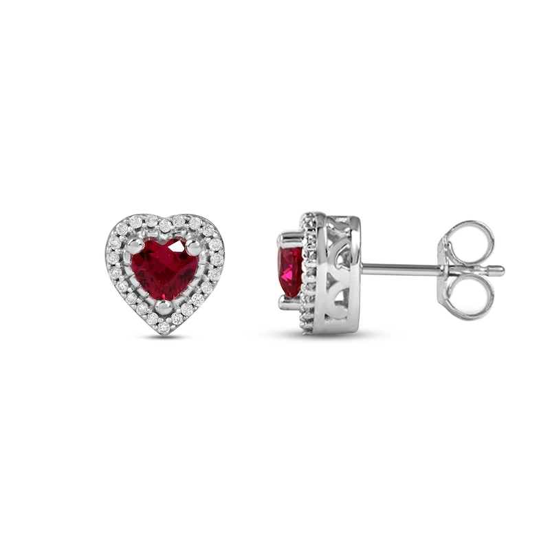 Main Image 3 of Lab-Created Ruby & Diamond Heart Earrings 1/10 ct tw 10K White Gold