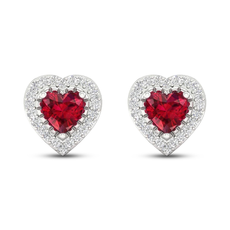 Main Image 4 of Lab-Created Ruby & Diamond Heart Earrings 1/10 ct tw 10K White Gold