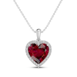 Lab-Created Ruby & White Lab-Created Sapphire Heart Necklace Sterling Silver 18"