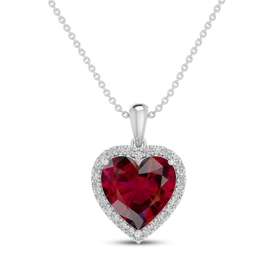 Lab-Created Ruby & White Lab-Created Sapphire Heart Necklace Sterling Silver 18"