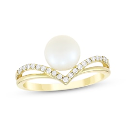 Cultured Pearl & Diamond Chevron Ring 1/8 ct tw 10K Yellow Gold