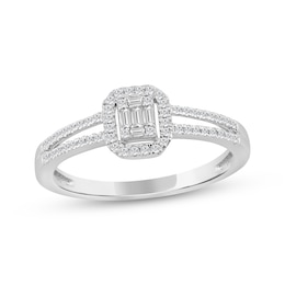 Baguette & Round-Cut Multi-Diamond Halo Promise Ring 1/5 ct tw Sterling Silver