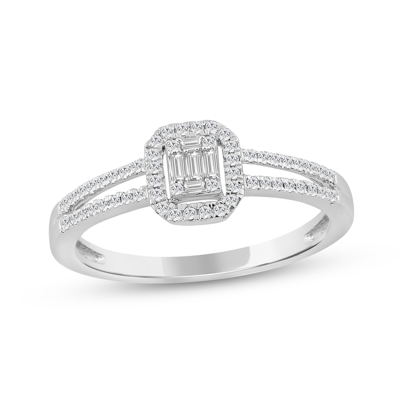 Main Image 1 of Baguette & Round-Cut Multi-Diamond Halo Promise Ring 1/5 ct tw Sterling Silver