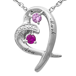 Couple's Round Birthstone Heart Necklace (2 Stones and Lines)