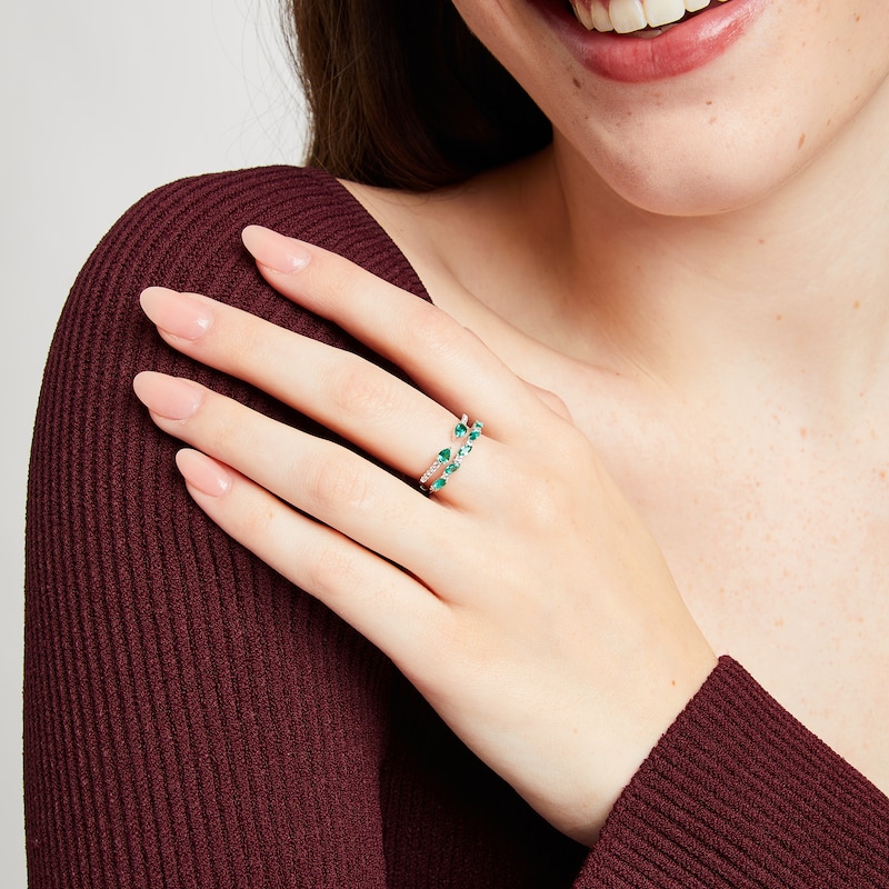 Main Image 4 of Pear-Shaped & Marquise-Cut Lab-Created Emerald & White Lab-Created Sapphire Stack Ring Sterling Silver