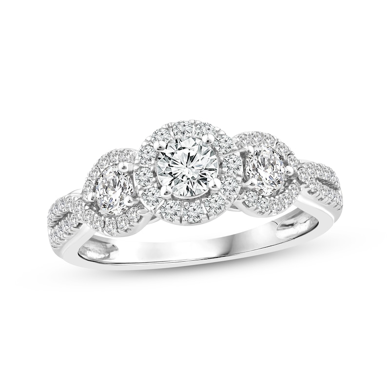 Main Image 1 of Memories Moments Magic Round-Cut Diamond Three-Stone Halo Engagement Ring 1 ct tw 14K White Gold