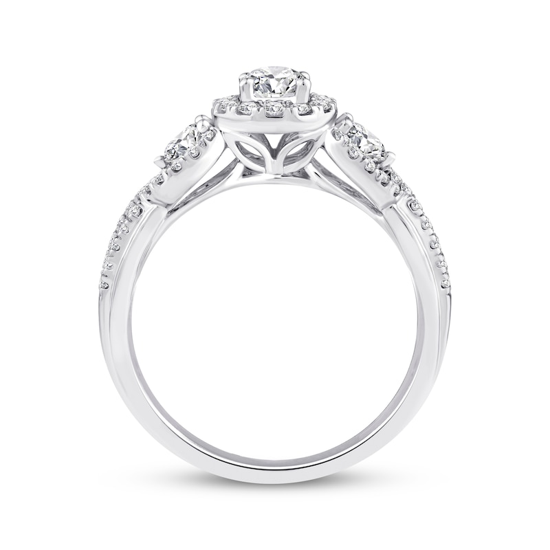 Main Image 3 of Memories Moments Magic Round-Cut Diamond Three-Stone Halo Engagement Ring 1 ct tw 14K White Gold