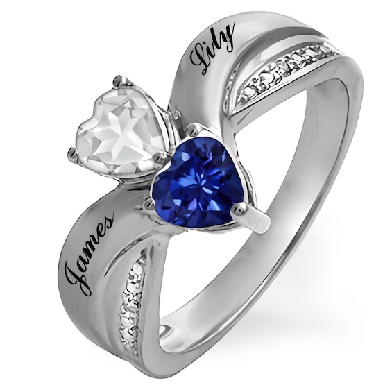 North South Couple's Heart Birthstone Ring (2 Stones and Lines)