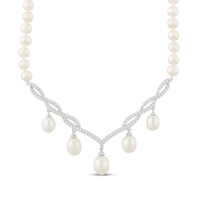 Main Image 1 of Cultured Pearl & White Lab-Created Sapphire Twist Dangle Necklace Sterling Silver 17&quot;