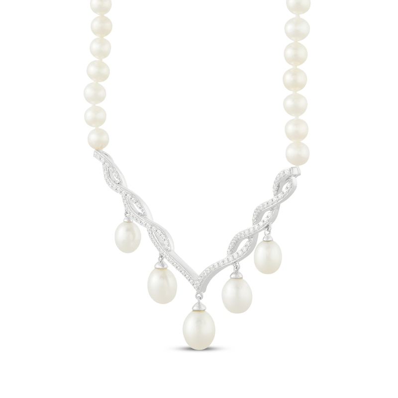 Main Image 2 of Cultured Pearl & White Lab-Created Sapphire Twist Dangle Necklace Sterling Silver 17&quot;