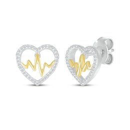 Diamond Heart Outline & Heartbeat Stud Earrings 1/8 ct tw Sterling Silver & 10K Yellow Gold