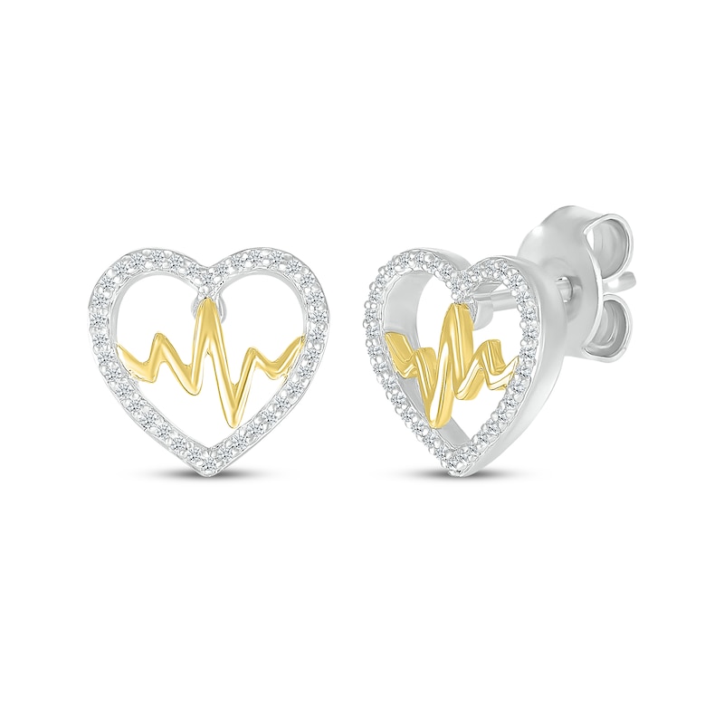 Diamond Heart Outline & Heartbeat Stud Earrings 1/8 ct tw Sterling Silver & 10K Yellow Gold