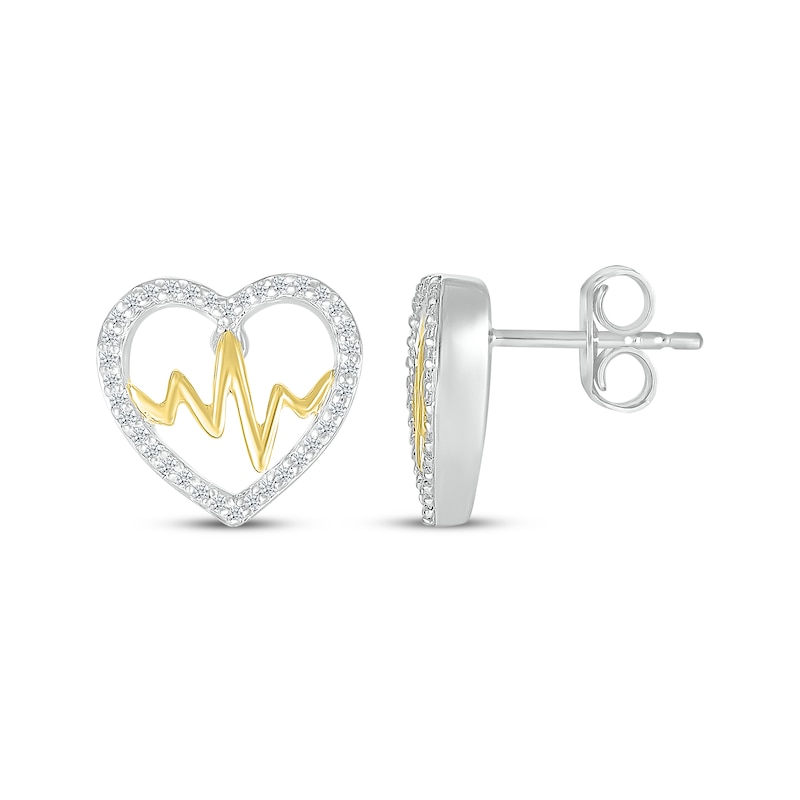 Diamond Heart Outline & Heartbeat Stud Earrings 1/8 ct tw Sterling Silver & 10K Yellow Gold