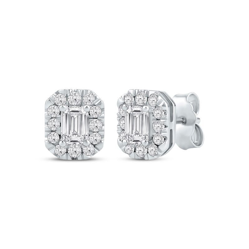 Main Image 1 of Lab-Grown Diamonds by KAY Emerald-Cut Halo Stud Earrings 3/4 ct tw 10K White Gold