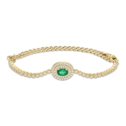 Oval-Cut Natural Emerald & Diamond Halo Adjustable Bracelet 3/8 ct tw 10K Yellow Gold 6.25&quot; to 9&quot;