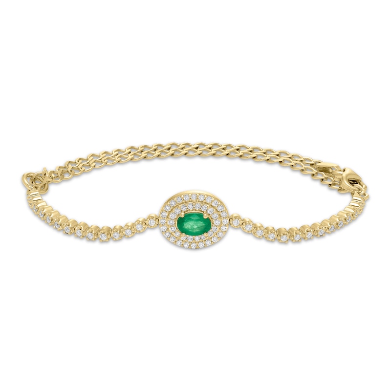 Oval-Cut Natural Emerald & Diamond Halo Adjustable Bracelet 3/8 ct tw 10K Yellow Gold 6.25" to 9"