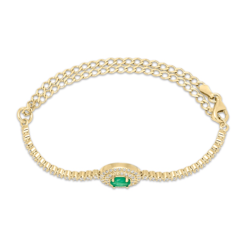 Oval-Cut Natural Emerald & Diamond Halo Adjustable Bracelet 3/8 ct tw 10K Yellow Gold 6.25" to 9"