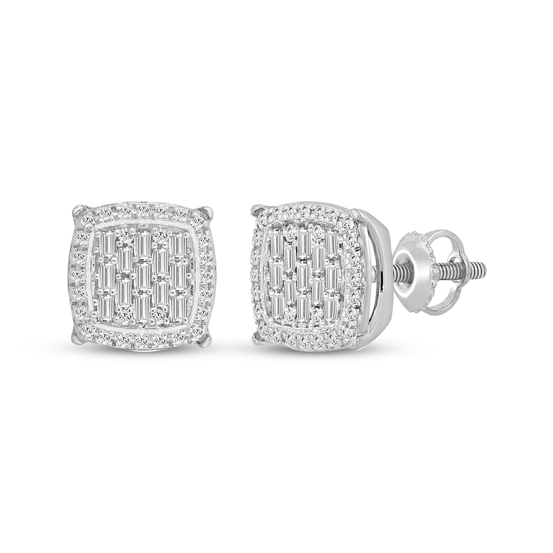 Main Image 1 of Men's Baguette & Round-Cut Multi-Diamond Stud Earrings 1/3 ct tw 10K White Gold