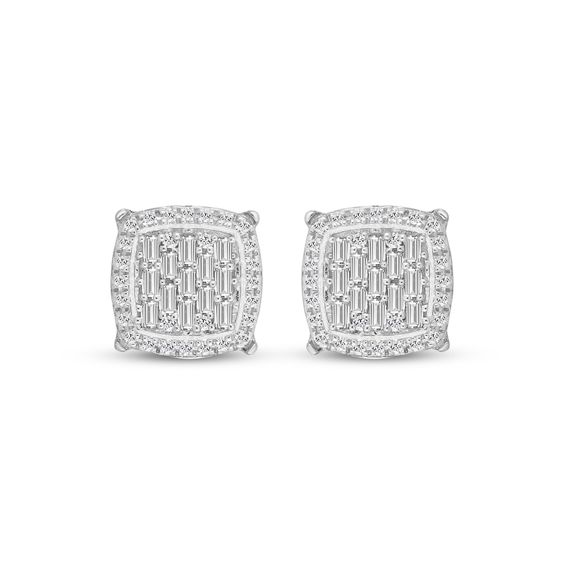 Main Image 2 of Men's Baguette & Round-Cut Multi-Diamond Stud Earrings 1/3 ct tw 10K White Gold