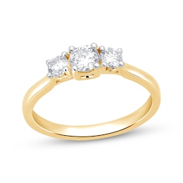 Memories Moments Magic Lab-Grown Diamond Round-Cut Three-Stone Halo Engagement Ring 1 ct tw 14K Yellow Gold