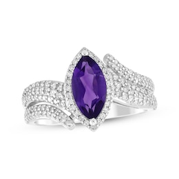 Marquise-Cut Amethyst & Diamond Halo Ring 3/8 ct tw 10K White Gold