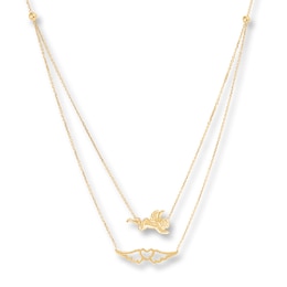 Angel & Winged Heart Layered Necklace 14K Yellow Gold 18&quot;