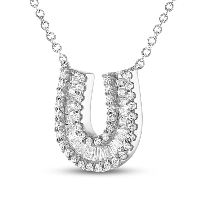 Diamond Horseshoe Necklace 1/3 ct tw Round & Baguette 10K White Gold 18