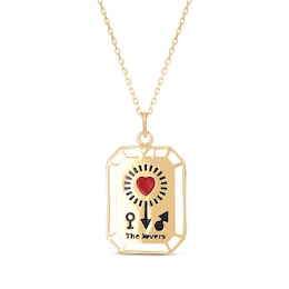 &quot;The Lovers&quot; Tarot Card Enamel Necklace 10K Yellow Gold 18&quot;